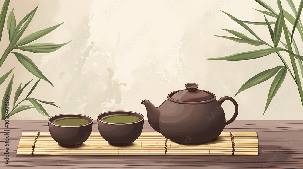 Chinese ceremony. brown ceramic pot and brown cup .green tea on bamboo mat, aged wooden table. japanese tea - hot teapot and teacups on bamboo mat. Japanese Tea Ceremony. Illustration Chinese ceremony. brown ceramic pot and brown cup .green tea on bamboo mat, aged wooden table. japanese tea - hot teapot and teacups on bamboo mat. Japanese Tea Ceremony. Illustration