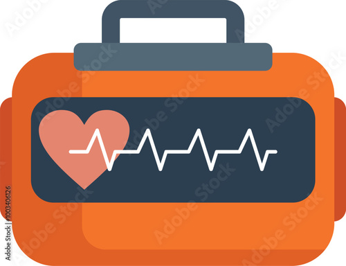 Orange defibrillator showing heartbeat on its screen, essential device for emergency medical situations