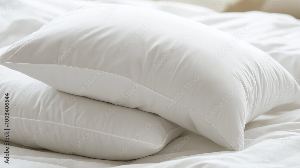 a close-up of two or three fluffy white pillows on smooth white sheets a close-up of two or three fluffy white pillows on smooth white sheets