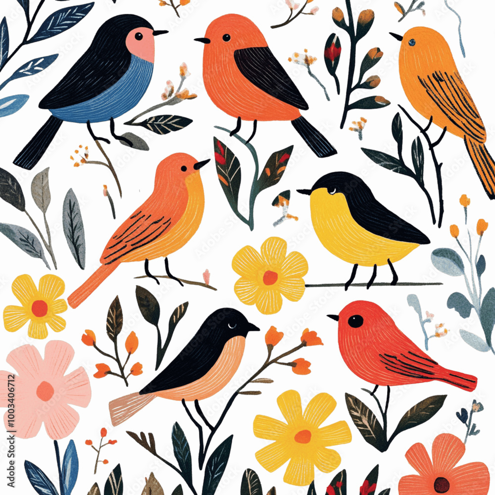 Naklejka premium Whimsical illustration of cheerful birds and flowers with vibrant colors 
