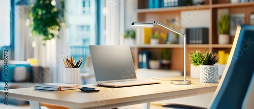 Modern Home Office Desk with Laptop and Desk Lamp.