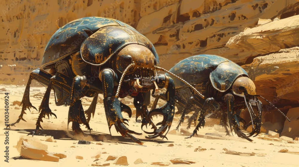 Obraz premium Mech beetles battle: Ancient Egypt, futuristic robots, desert combat 