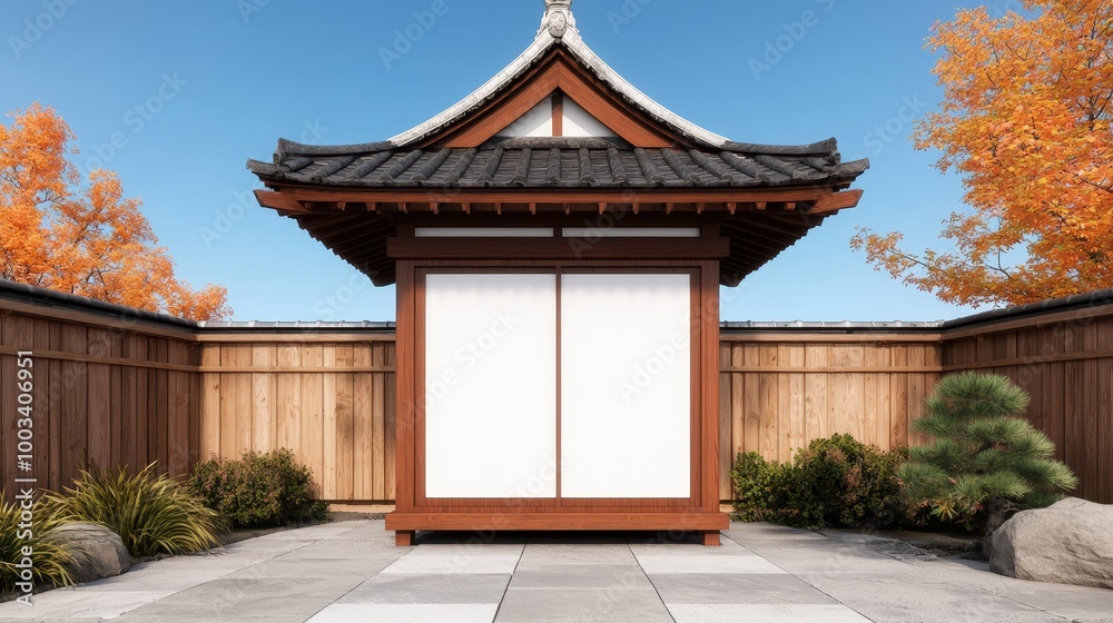 Japanese Zen Garden Pagoda with Blank Wooden Doors and Autumn Trees Japanese Zen Garden Pagoda with Blank Wooden Doors and Autumn Trees
