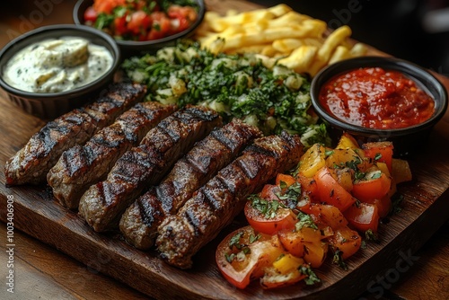 irresistible shawarma served on a rustic wooden board beautifully arranged with grilled pita fresh vegetables and flavorful sauces inviting viewers to savor the deliciousness