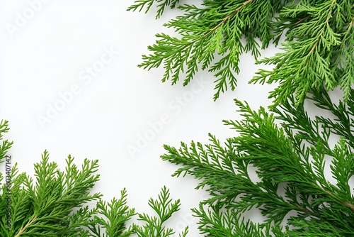 Green conifer branches frame a white background, creating a natural border.