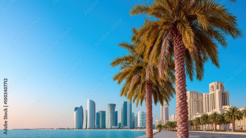 Obraz premium Doha Skyline with Palm Trees and Turquoise Water Qatar Cityscape