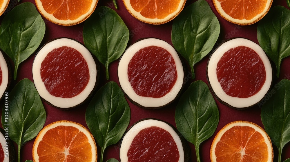 Seamless Pattern of Citrus Fruit and Green Leaves on Red Background Seamless Pattern of Citrus Fruit and Green Leaves on Red Background