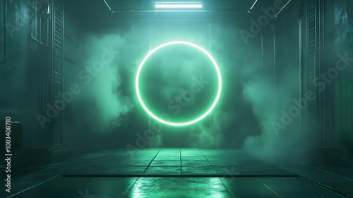 Abstract 3D Render: Green Neon Ring, Fog, and Dark Corridor photo