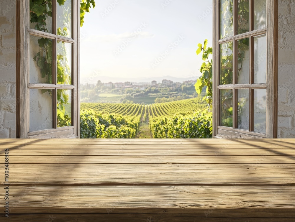 Fototapeta premium Empty wooden table, vineyard view out of open window. Template for product presentation - ai