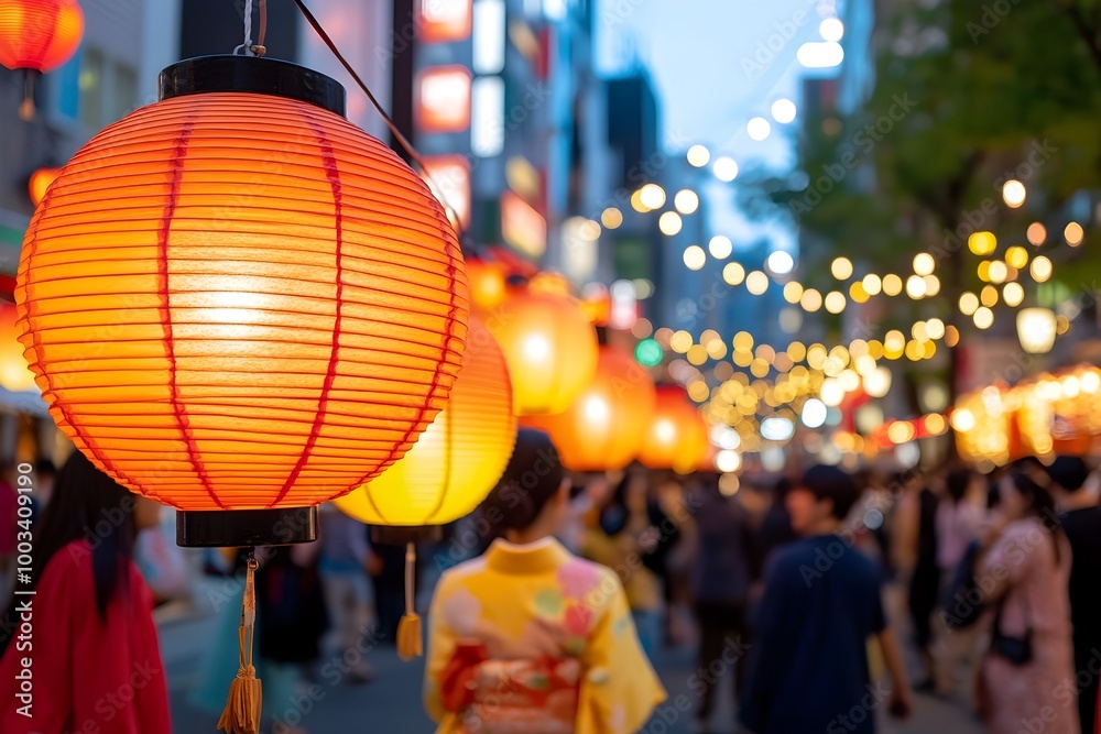 Vibrant Obon Festival in Japan with Lively Lantern Lit Street Scene Vibrant Obon Festival in Japan with Lively Lantern Lit Street Scene