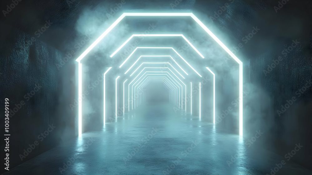 Futuristic 3D Tunnel with Glowing Neon Lights and Fog Futuristic 3D Tunnel with Glowing Neon Lights and Fog