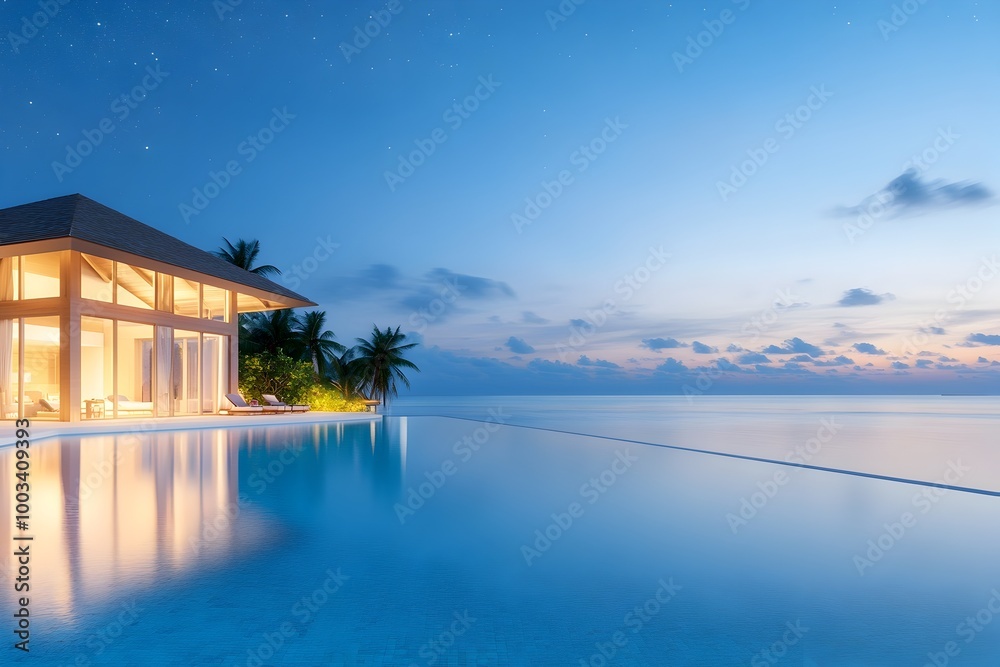 Fototapeta premium Tranquil Overwater Villa in Tropical Maldives Retreat with Infinity Pool and Breathtaking Sunset Views