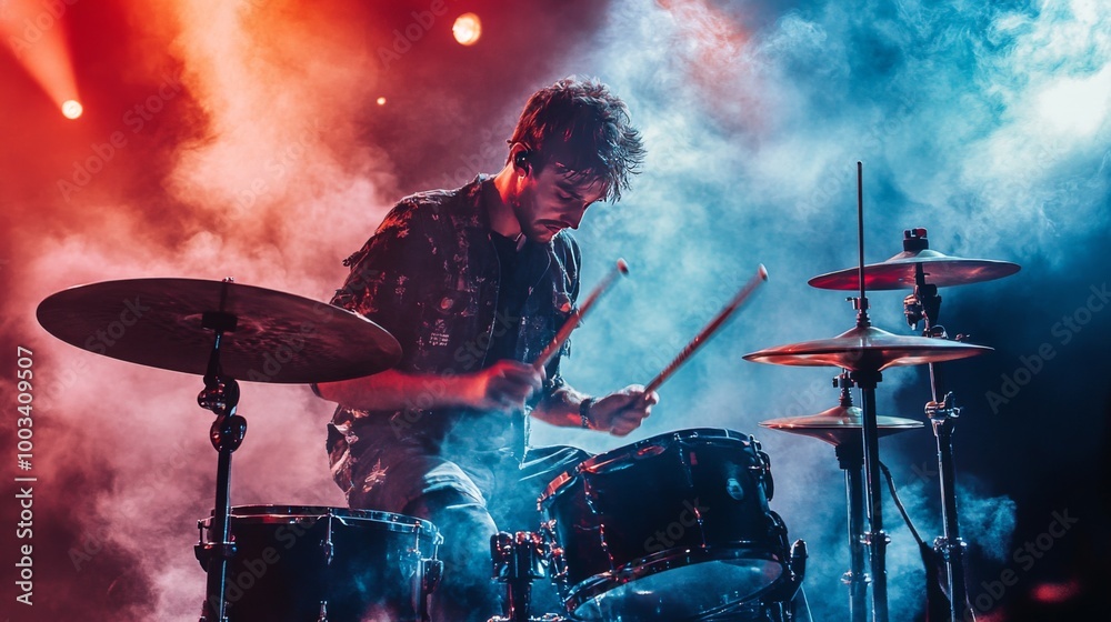 Naklejka premium A drummer performs on stage with dramatic red and blue lighting and smoke.
