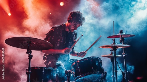 A drummer performs on stage with dramatic red and blue lighting and smoke. photo