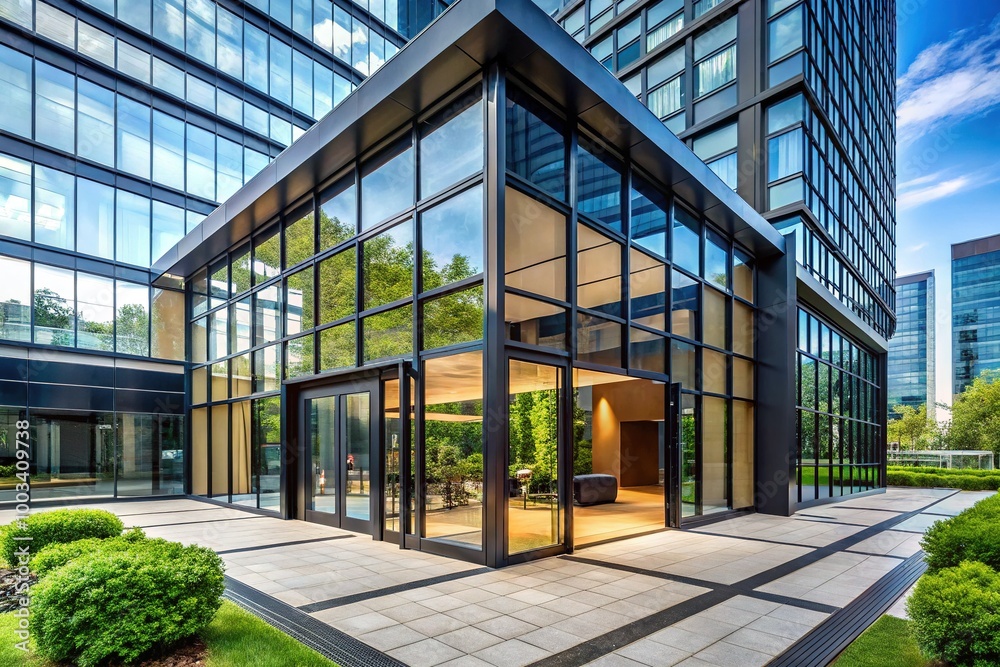 A black aluminium-framed glass door elevates the contemporary architectural appeal of office buildings, combining sleek design with functionality for an impeccable modern look. A black aluminium-framed glass door elevates the contemporary architectural appeal of office buildings, combining sleek design with functionality for an impeccable modern look.
