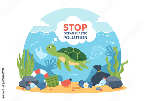 Stop Ocean Plastic Pollution Vector Illustration with Trash Under the Sea like a Waste Bags and Bottles, Harming the Ecosystem of Fish and Coral Reefs