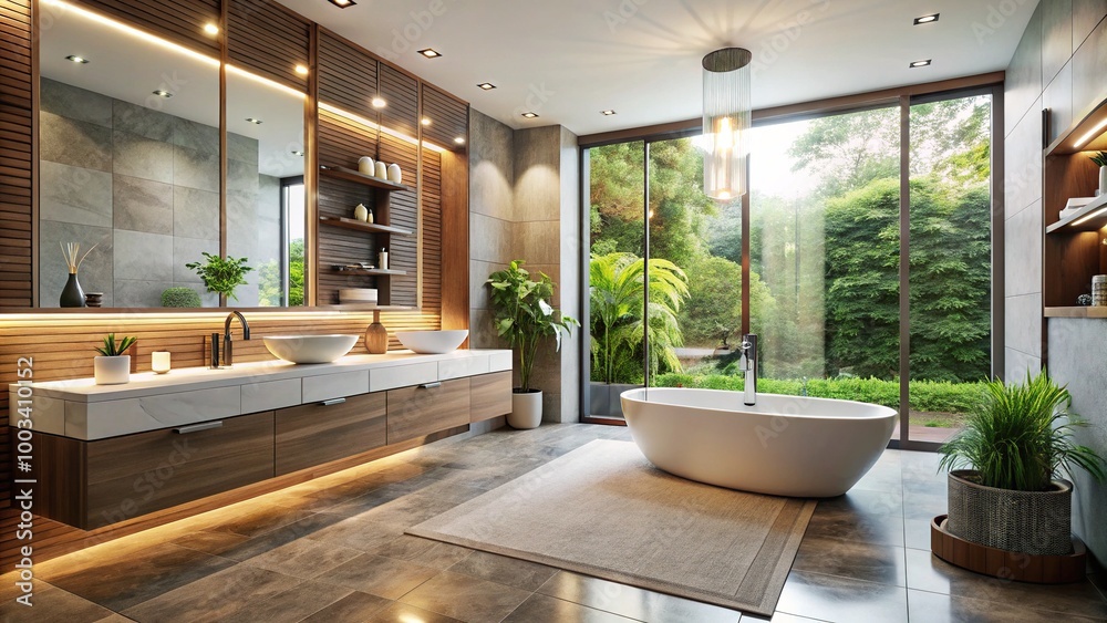 Fototapeta premium A chic bathroom featuring sleek fixtures, ample natural light, and minimalist decor creates a serene and stylish atmosphere, perfect for relaxation and rejuvenation.
