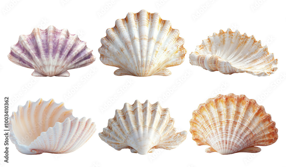 Collection of scallop shells in various shades isolated on transparent background Collection of scallop shells in various shades isolated on transparent background
