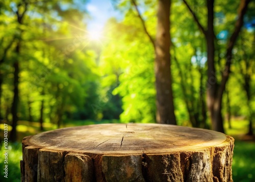 A close-up view of an old tree stump table contrasts against softly blurred green trees, evoking a serene nature theme rich in texture and color.