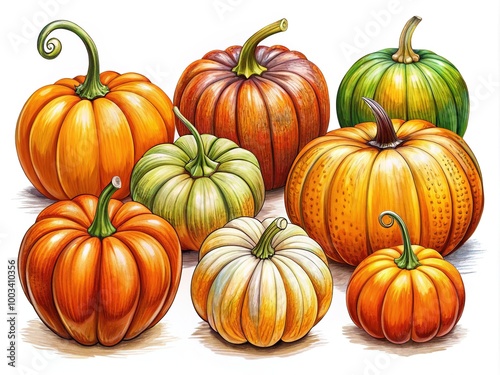 A collection of hand-drawn pumpkin doodles isolated on a white background, perfect for enhancing your autumn and Halloween-themed designs with a whimsical touch.