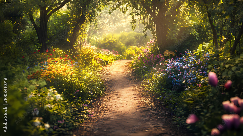 Obraz premium Enchanted garden path: a fantasy landscape of magical fairytale elements, inviting the viewer into a world of dream and imagination. Fae. Illustration