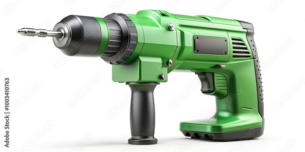 A detailed 3D rendering of a green electric drill tool, prominently displayed against a white background, crafted for construction applications and professional use. A detailed 3D rendering of a green electric drill tool, prominently displayed against a white background, crafted for construction applications and professional use.
