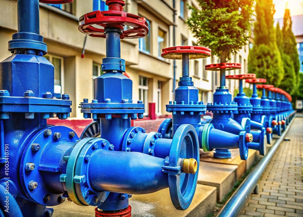 A detailed view of valves and pipes showcasing the water supply system in a residential areaâ€™s distribution network, highlighting its essential components and connectivity.