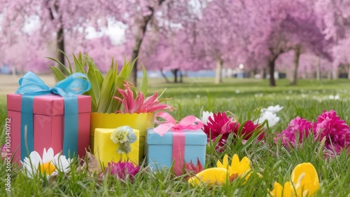 Gift Boxes in Spring Garden.
