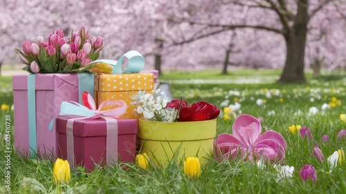 Colorful Gift Boxes in Springtime Meadow.