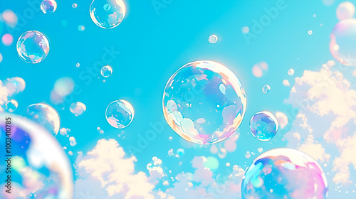 美しい青空に舞うたくさんのしゃぼん玉のイラスト背景