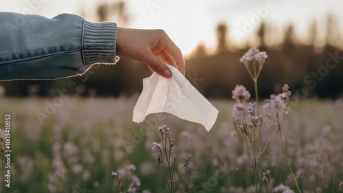 Person holding a tissue in a flower field at sunset.
