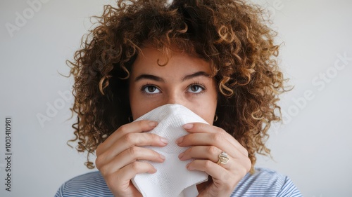 Woman with curly hair holding a tissue in front of her face.