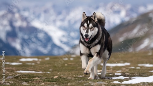 Husky Running Through Snowy Mountains.