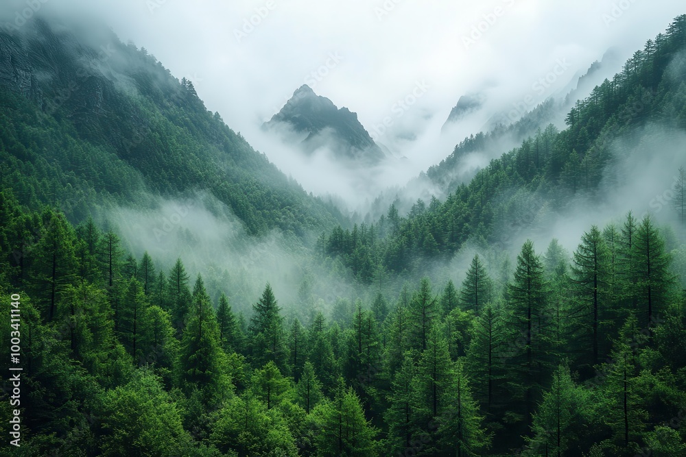 misty mountains shrouded in delicate fog with dense coniferous forests in the foreground creating a mystical atmosphere where valleys are enveloped in thicker mist misty mountains shrouded in delicate fog with dense coniferous forests in the foreground creating a mystical atmosphere where valleys are enveloped in thicker mist
