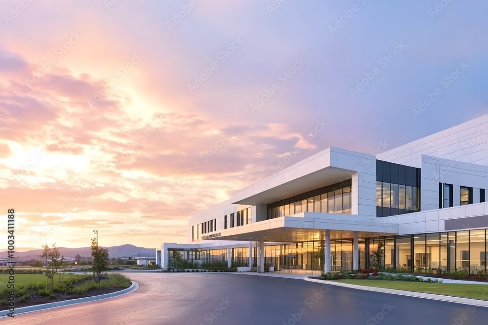 Aerial View of a Modern and Minimalist Hightech Hospital Exterior at Twilight Aerial View of a Modern and Minimalist Hightech Hospital Exterior at Twilight