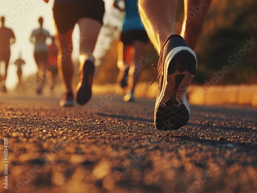 close up legs runner group running on sunrise seaside trail - ai