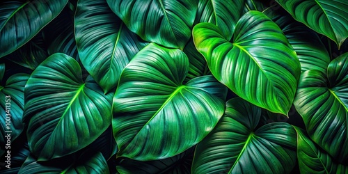 A lush collection of dark green tropical leaves creates a serene backdrop, perfect for projects focused on nature, relaxation, and wellness. Invigorate your space today. photo