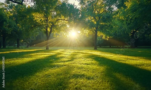 Serene sunrise over a lush green park with tall trees.
