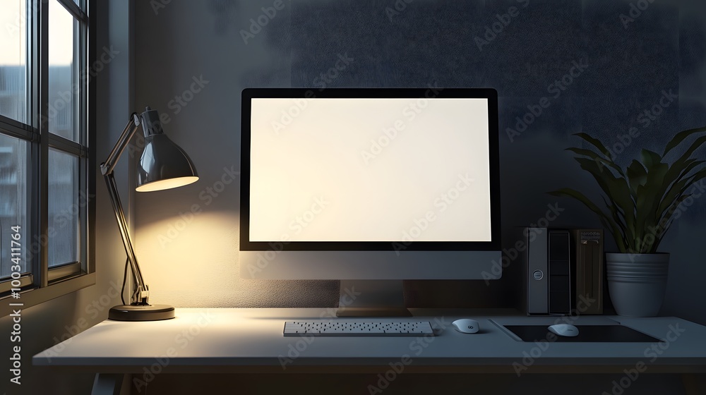 3D Minimal desktop with blank screen mockup, Empty screen for text, and logo replacement concept. 3d render illustration. 3D Minimal desktop with blank screen mockup, Empty screen for text, and logo replacement concept. 3d render illustration.
