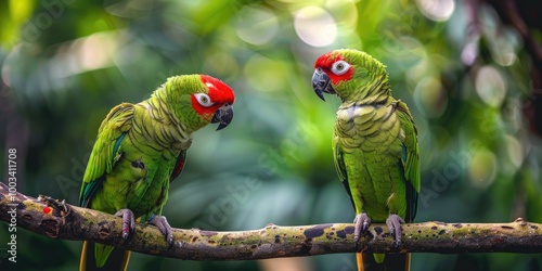 Intimate view of two green parrots sitting on a tree branch in their natural environment, engaging in affectionate behavior.