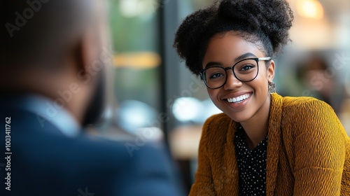 Confident Woman Smiling in a Café Setting