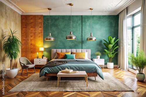 Wallpaper Mural A serene Scandinavian bedroom featuring a smooth stucco wall, minimalist furniture, a warm rug, and chic decor, creating a cozy and stylish atmosphere. Torontodigital.ca