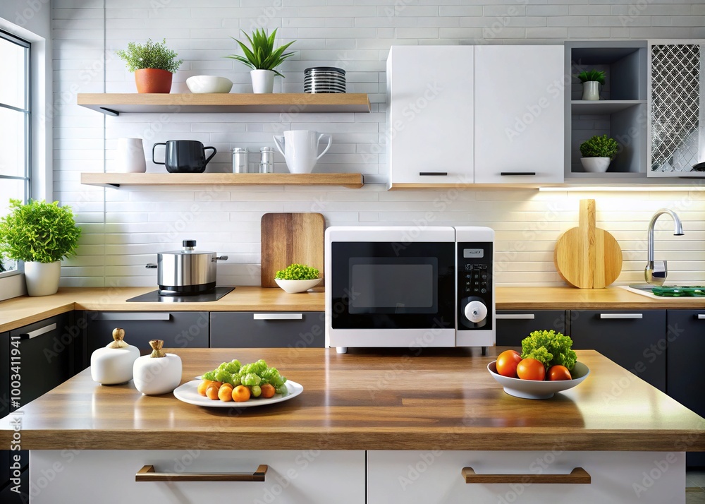 A sleek black-and-white microwave enhances a modern kitchen, resting elegantly on a contemporary table, creating an inviting and stylish atmosphere for culinary endeavors.
