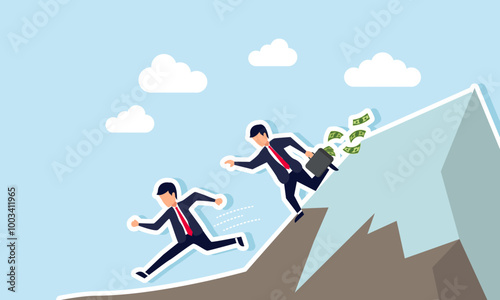 A businessman carrying a suitcase full of money chasing another businessman down a mountain, illustrating evasion from corruption or bribery cases to secure a project.