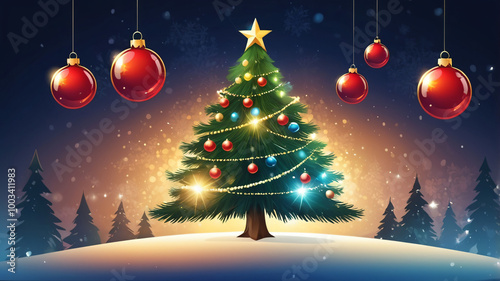 Christmas Tree With Baubles And Blurred Shiny Lights