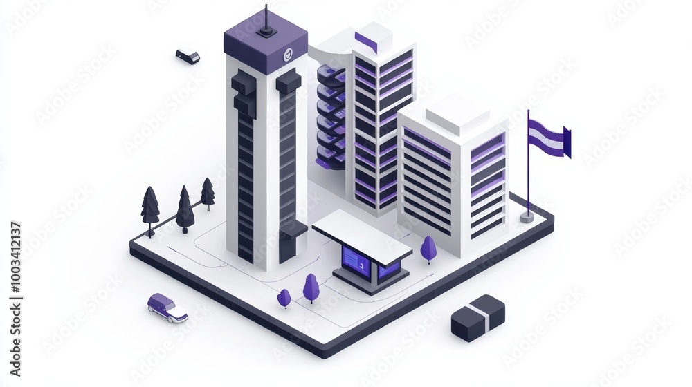 Modern Cityscape with Stylized Buildings and Flag Modern Cityscape with Stylized Buildings and Flag