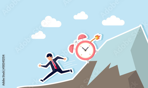 A businessman chased by a burning fuse alarm clock while descending a mountain, illustrating the urgency to achive a project deadline.