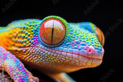 A close-up of the eye and head, showing colorful patterns on its skin, like spots or stripes in various colors such as orange