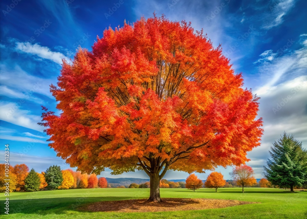 A stunning Acer Saccharum tree stands proud, displaying vibrant foliage that captures the essence of nature's beauty in a splendid front view perspective. A stunning Acer Saccharum tree stands proud, displaying vibrant foliage that captures the essence of nature's beauty in a splendid front view perspective.