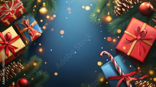 Christmas Gifts, Decorations, and Pine Branches on a Blue Background